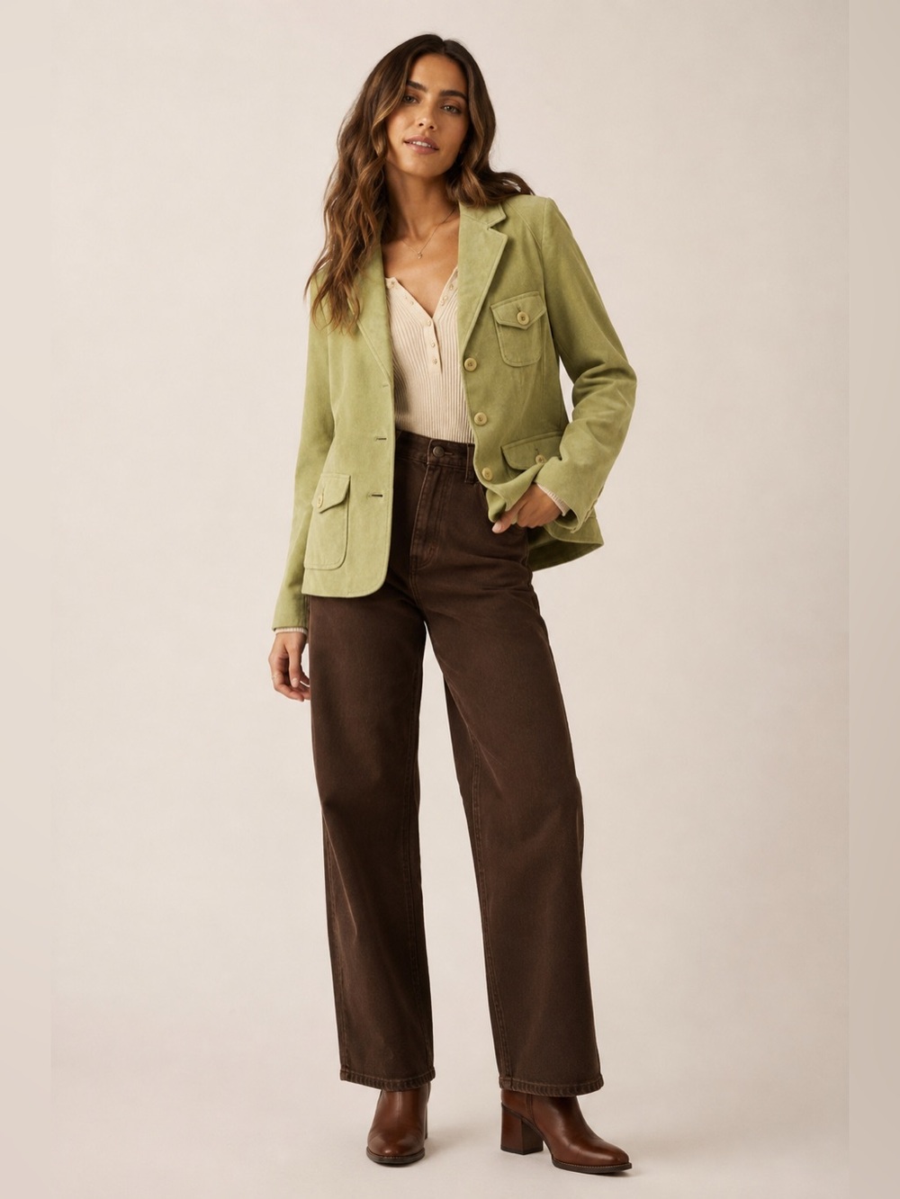 Vintage Y2K 90s Chartreuse 100% Genuine Leather Suede Blazer Jacket Size S